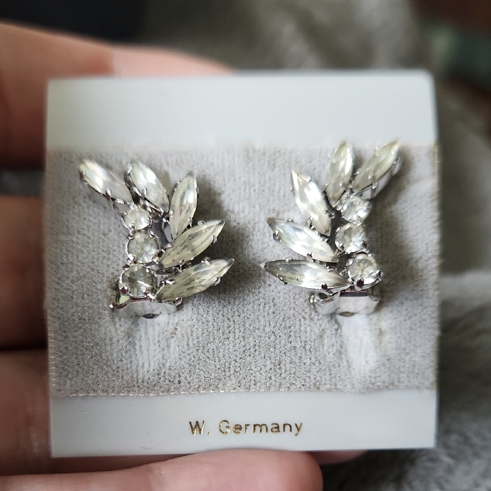 Source Unknown Silver Crystal Leaf Earrings